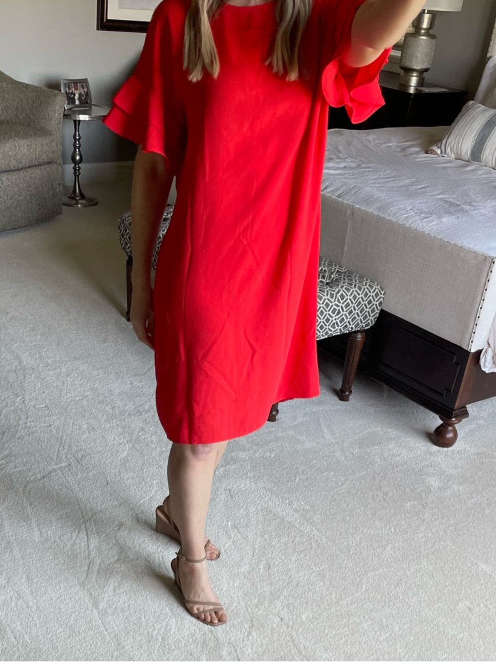 BRAND NEW Vibrant Red/Orange Short Ruffle Sleeve Dress | Small | NWT